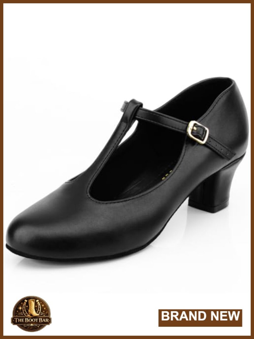 Black Leather T-Strap Character Dance Shoes Women's Salsa Tango 2.36" Heel